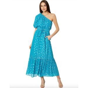 Lilly Pulitzer Zelalynn One Shoulder Maxi Dress NEW Size 12 Blue Gold w/ Belt